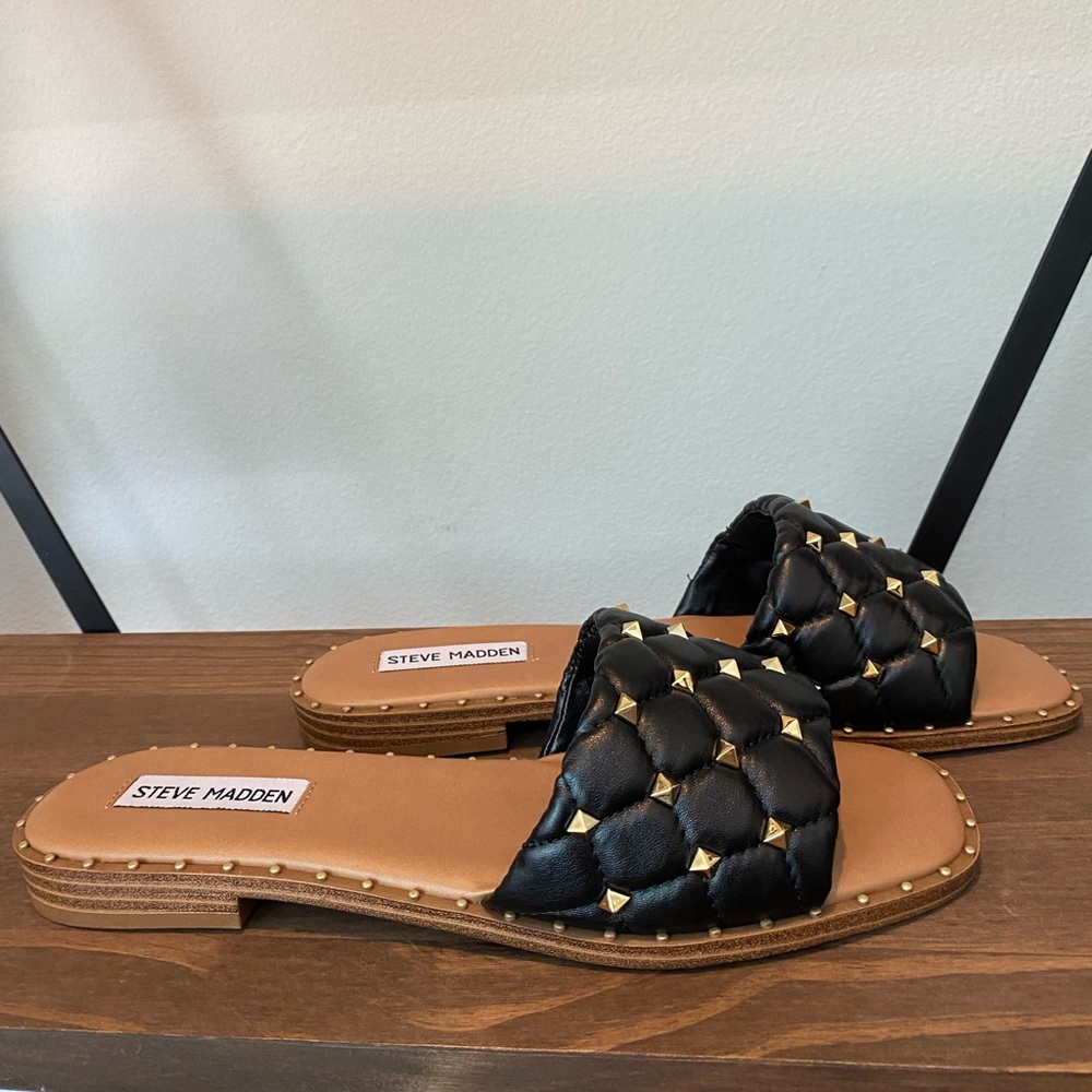 NEW Black Quilted Studded Slides